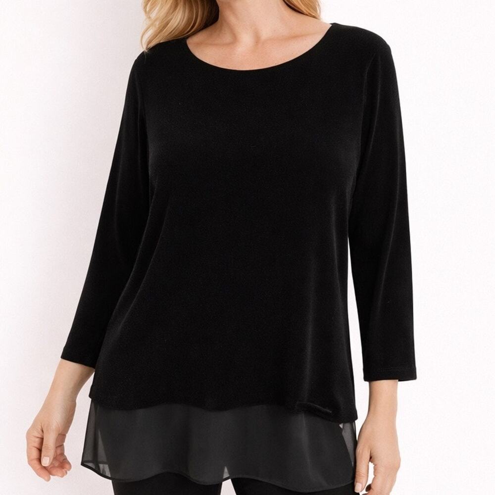 Chicos Travelers 2 Velvet Tunic Large Black Chiffon Hem Boat Neck Lagenlook